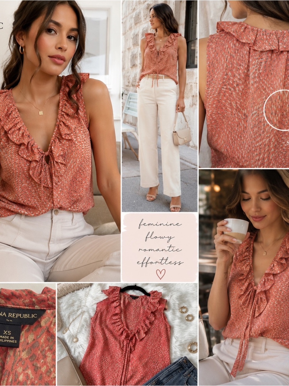 Banana Republic Blouse XS Coral Ruffle Tie Neck Flowy Coquette Chic Romantic Y2K